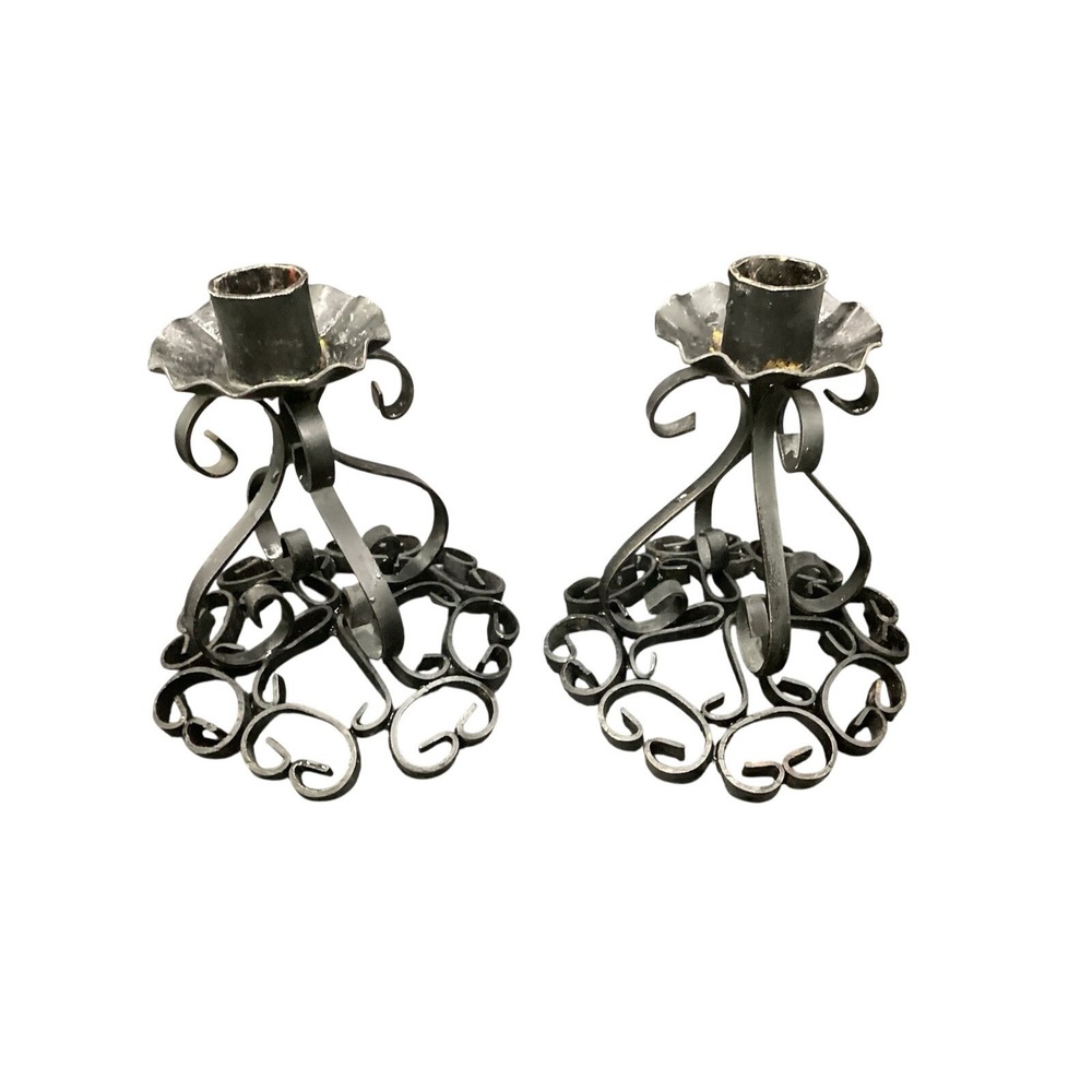 Pair of Black Metal Spanish Gothic Revival Candlestick‎ Holders Scrollwork Base